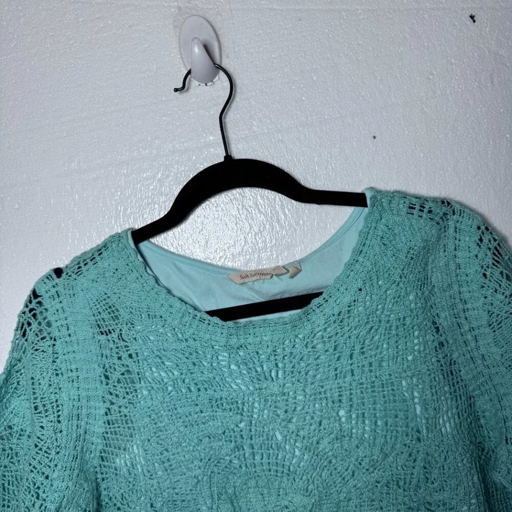 Soft Surroundings Womens Medium Aqua Blue Crochet Boho Pullover Top 3/4 Sleeve